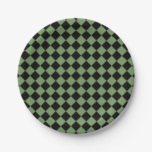 Green Black Checker Diamond Pattern Paper Plates