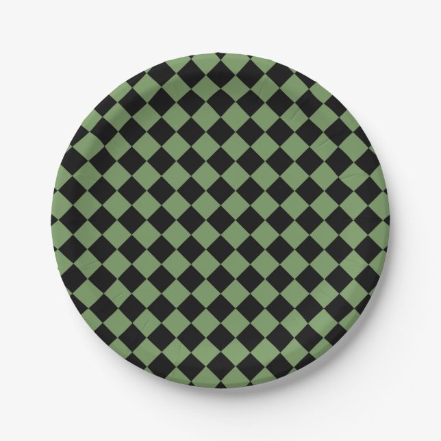 Green Black Checker Diamond Pattern Paper Plates (Front)