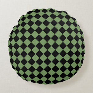 Green Black Checker Diamond Pattern Round Pillow