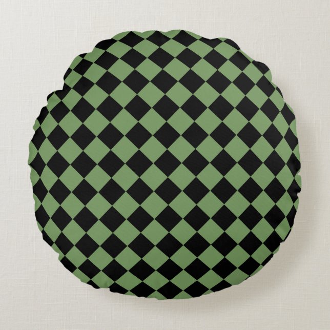 Green Black Checker Diamond Pattern  Round Pillow (Front)