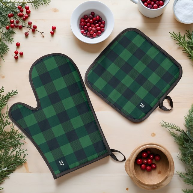 Green & Black Checkerboard Buffalo Plaid Monogram Oven Mitt & Pot Holder Set (Green & Black Checkerboard Buffalo Plaid Monogram Oven Mitt & Pot Holder Set
)