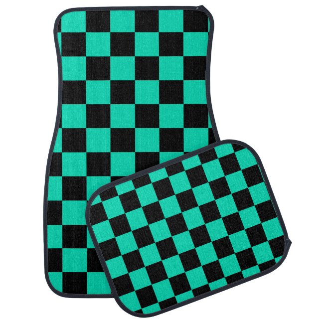Green Black Checkered Check Pattern Car Floor Mat (Set)