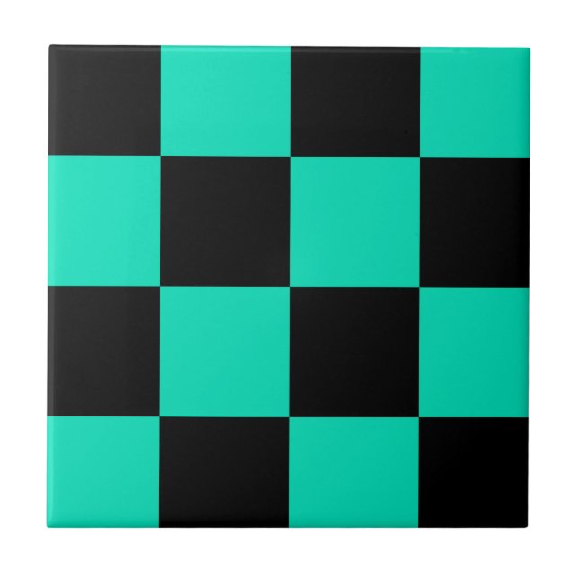 Green Black Checkered Check Pattern Ceramic Tile (Front)