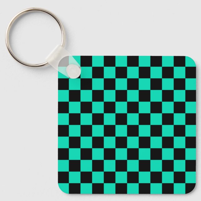 Green Black Checkered Check Pattern Keychain (Front)