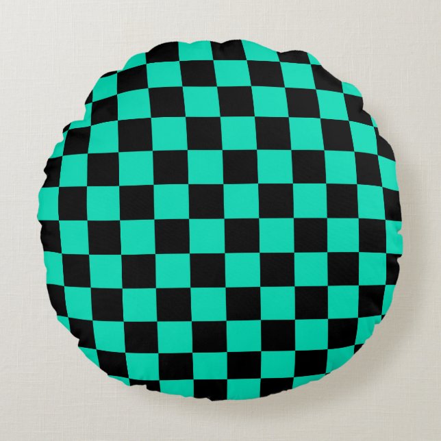 Green Black Checkered Check Pattern Round Pillow (Front)