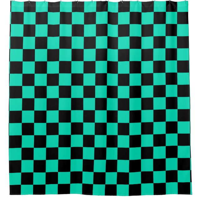 Green Black Checkered Check Pattern Shower Curtain (Front)