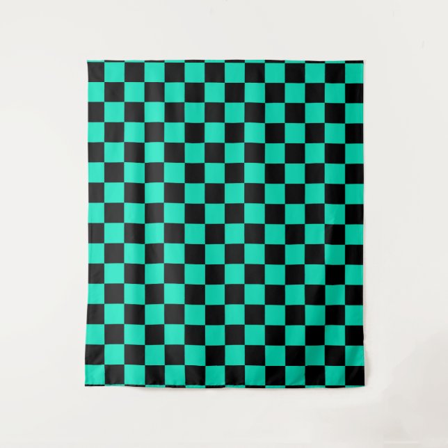 Green Black Checkered Check Pattern Tapestry (Front)