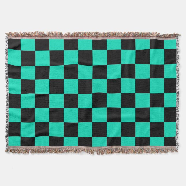 Green Black Checkered Check Pattern Throw Blanket (Front)
