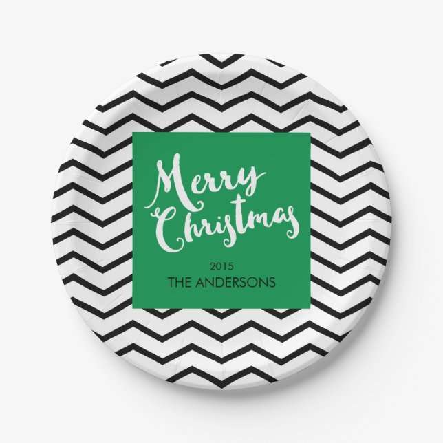 Green, Black Chevron, Merry Christmas Personalized Paper Plates (Front)