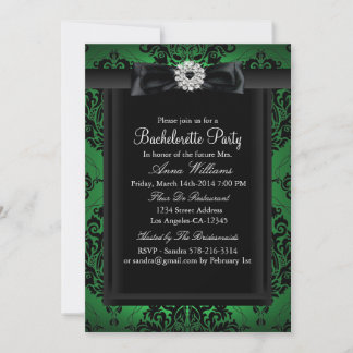 Green & Black Chic Damask Bachelorette Party Invitation