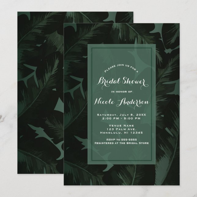 Green & Black Chic Tropical Leaves Bridal Shower Invitation (Front/Back)