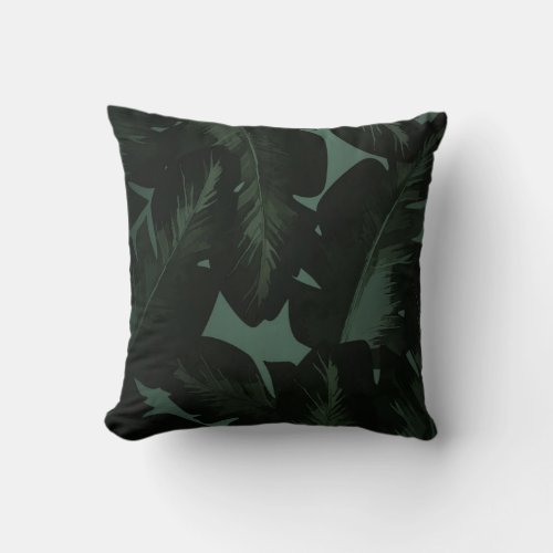 Green  Black Chic Tropical Leaves Chic Island Throw Pillow