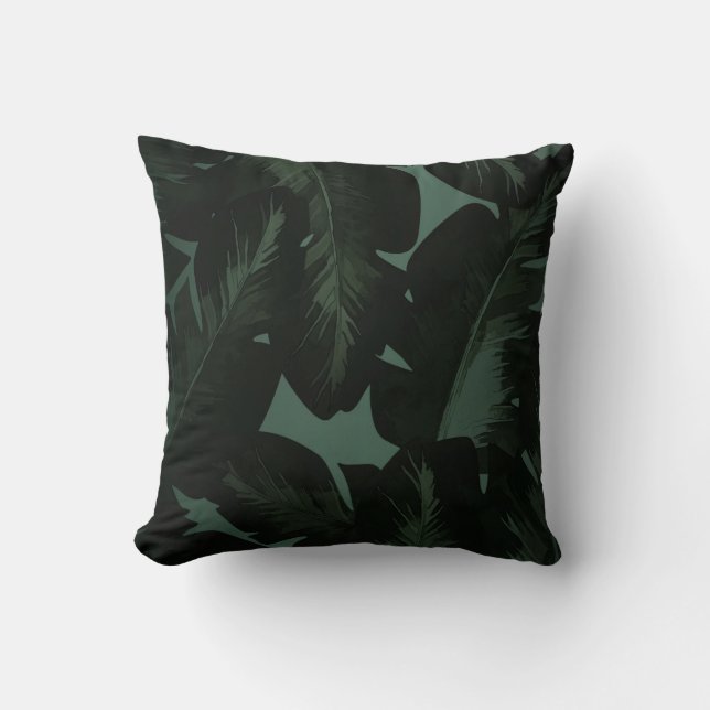 Green & Black Chic Tropical Leaves Chic Island Throw Pillow (Front)