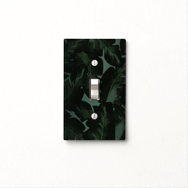 Green & Black Chic Tropical Leaves Light Switch Cover (In Situ)