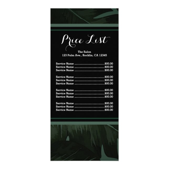 Green & Black Chic Tropical Leaves Price List Menu (Front)