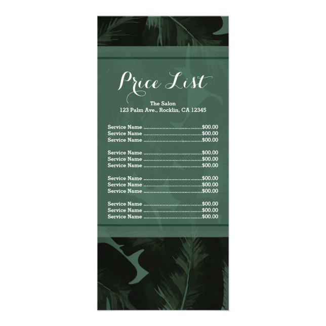 Green & Black Chic Tropical Leaves Price List Menu (Front)