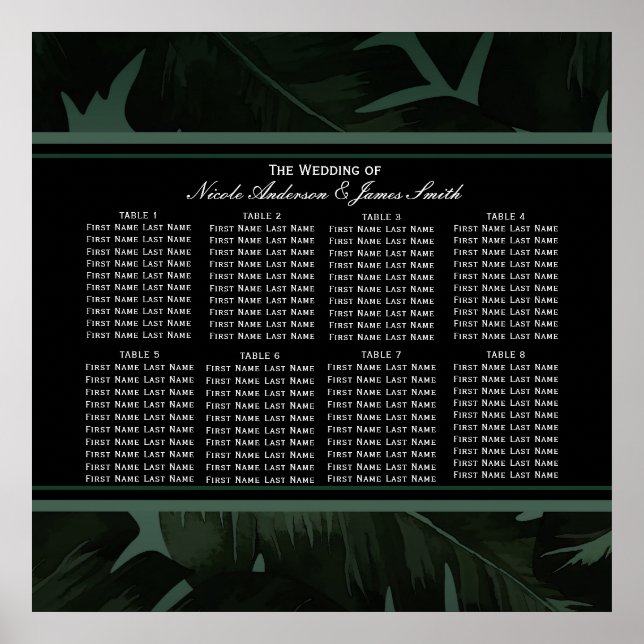 Green & Black Chic Tropical Leaves Seating Chart (Front)
