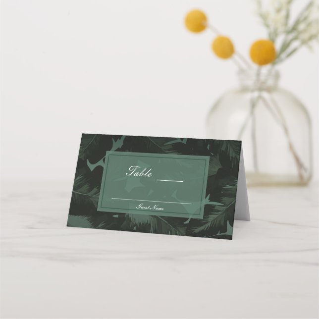 Green & Black Chic Tropical Leaves Table Seating Place Card (Back)