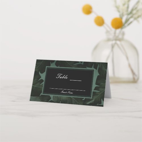 Green  Black Chic Tropical Leaves Table Seating Place Card