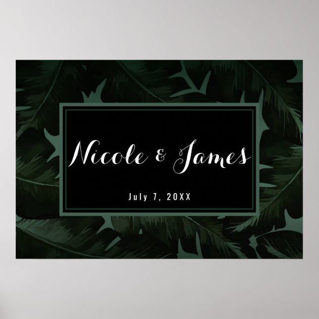 Green & Black Chic Tropical Leaves Wedding Banner Poster (Front)