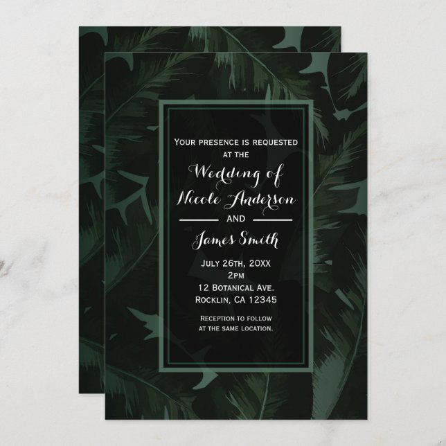 Green & Black Chic Tropical Leaves Wedding Invitation (Front/Back)