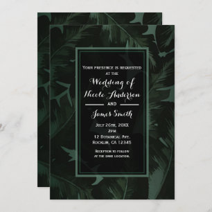 Green & Black Chic Tropical Leaves Wedding Invitation