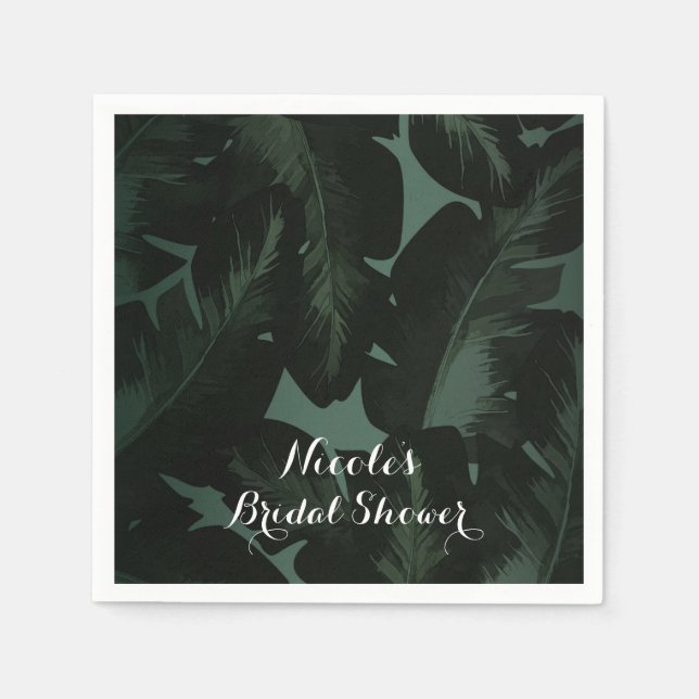 Green & Black Chic Tropical Leaves Wedding Napkins (Front)