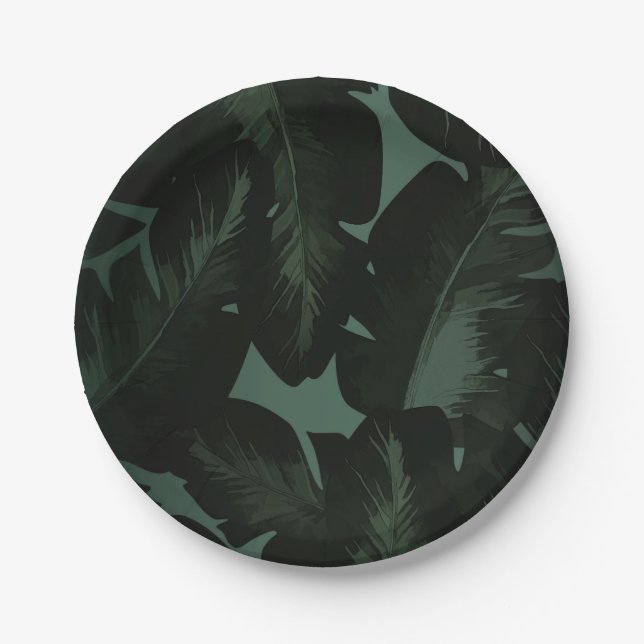 Green & Black Chic Tropical Leaves Wedding Paper Plates (Front)