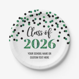 Green Black Confetti Graduation 2026 Paper Plates