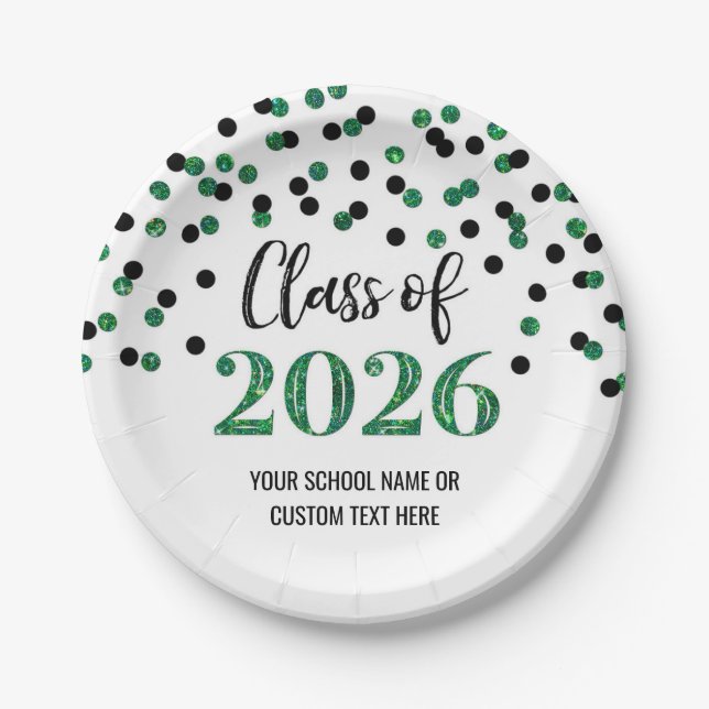 Green Black Confetti Graduation 2026 Paper Plates (Front)