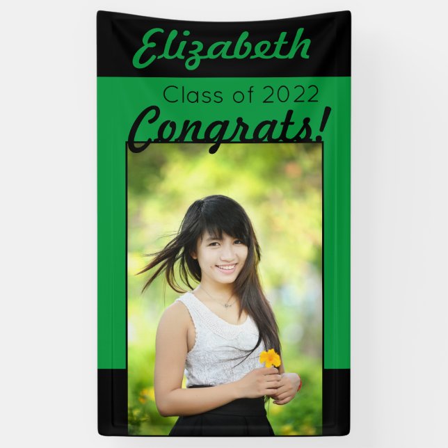 Green & Black Congrats One Photo Graduation Party Banner (Vertical)
