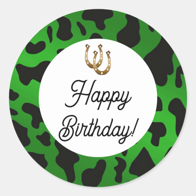 Green & Black Cow Spots Birthday Classic Round Sticker (Front)