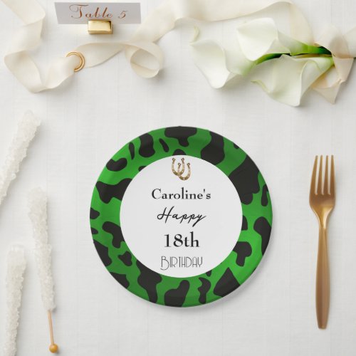 Green Black Cow Spots Lucky Shoehorse Birthday Paper Plates