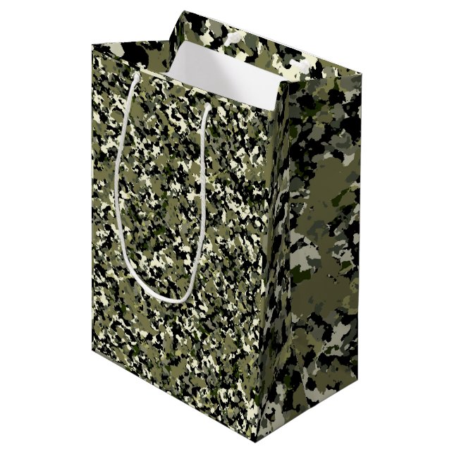 Green Black Cream Camouflage Pattern Party Medium Gift Bag (Front Angled)