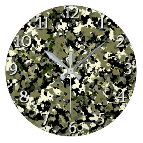 Green Black Cream Camouflage Pattern Print Large Clock