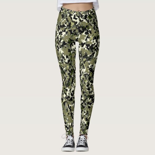 Green Black Cream Camouflage Pattern Print Leggings