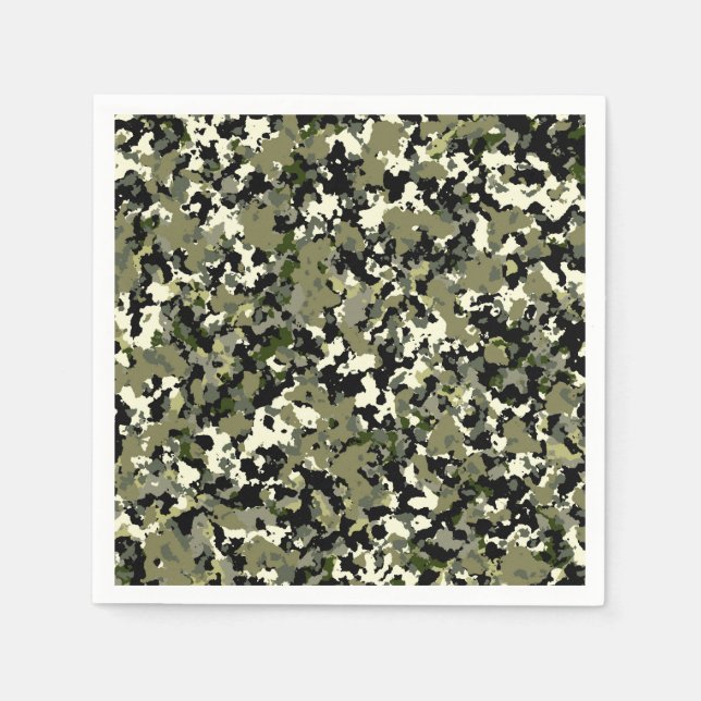 Green Black Cream Camouflage Pattern Print Napkins (Front)