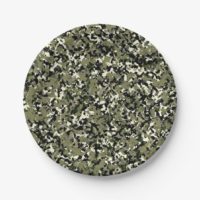 Green Black Cream Camouflage Pattern Print Paper Plates (Front)