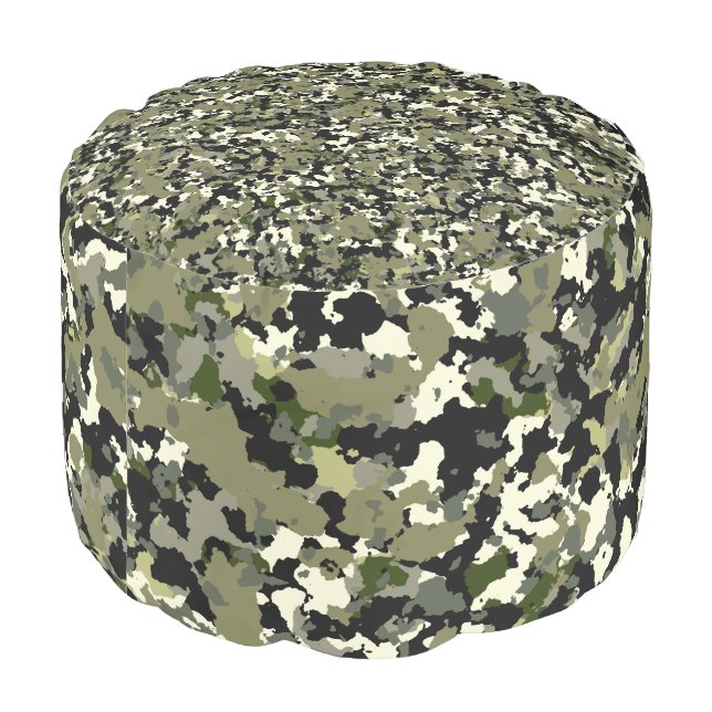 Green Black Cream Camouflage Pattern Print Pouf (Angled Back)