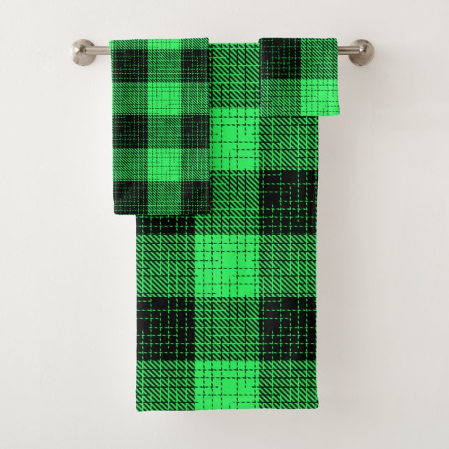  Green Black Crosshatch Buffalo Check Bath Towel Set (Insitu)