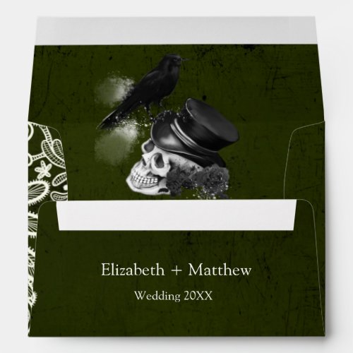 Green Black Crow Skull Roses Lace Gothic Wedding Envelope