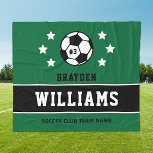 Green Black Custom Soccer Name and Number Fleece Blanket