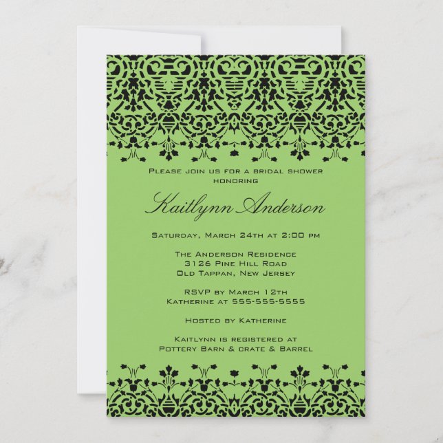 Green & Black Damask Bridal Shower Invitation (Front)