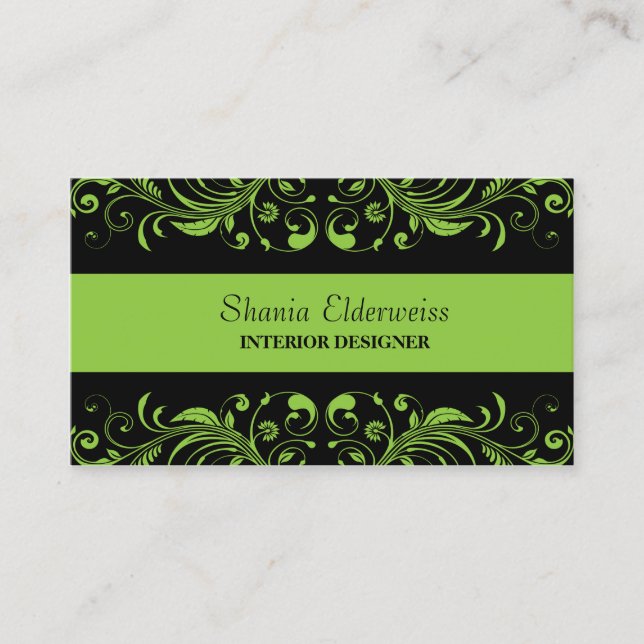 Green & Black Damask Business Card (Front)