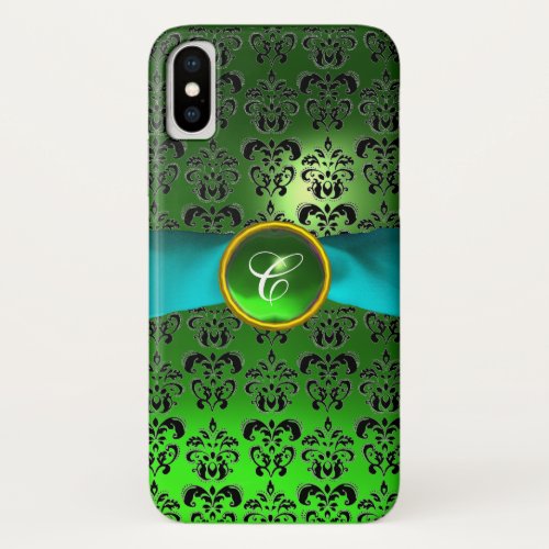 GREEN BLACK DAMASK GEM MONOGRAM Aqua Blue Ribbon iPhone X Case