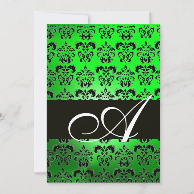 GREEN  BLACK  DAMASK MONOGRAM ,bright white Invitation (Front)