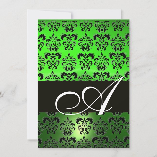 GREEN  BLACK  DAMASK MONOGRAM ,bright white Invitation (Front)