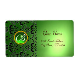 GREEN BLACK DAMASK MONOGRAM,emerald Label