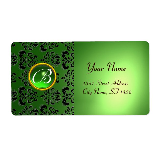 GREEN BLACK DAMASK MONOGRAM,emerald Label (Front)