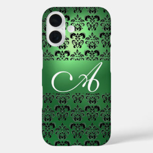 GREEN BLACK DAMASK MONOGRAM Floral iPhone 16 Case